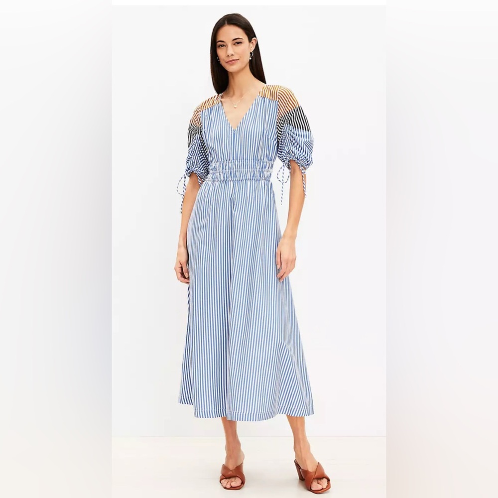LOFT Striped Tie Puff Sleeve Midi Dress size S